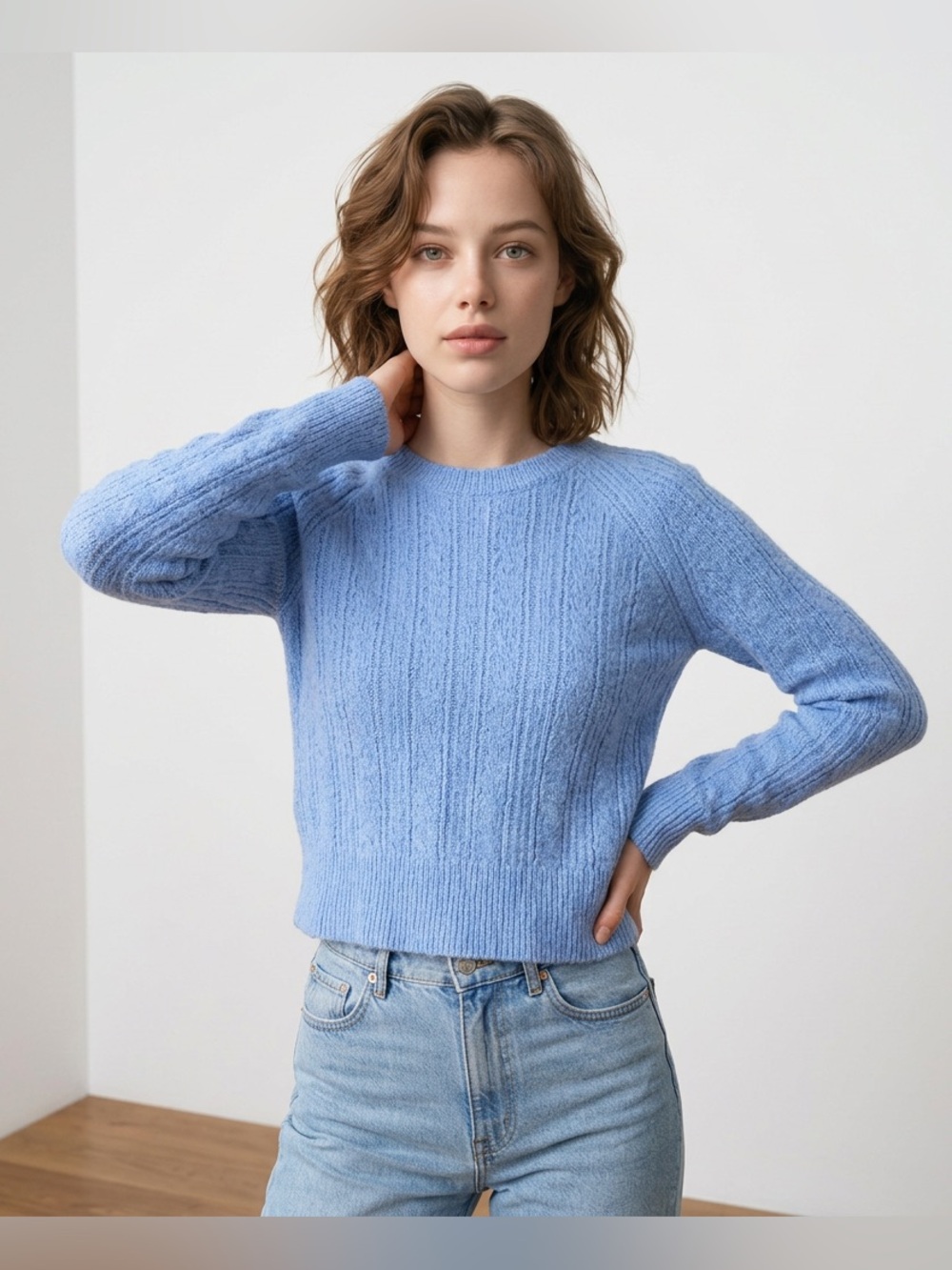 Club Monaco 100% Wool Light Blue Cable Knit Crewneck Sweater/Cottegecore/Classic